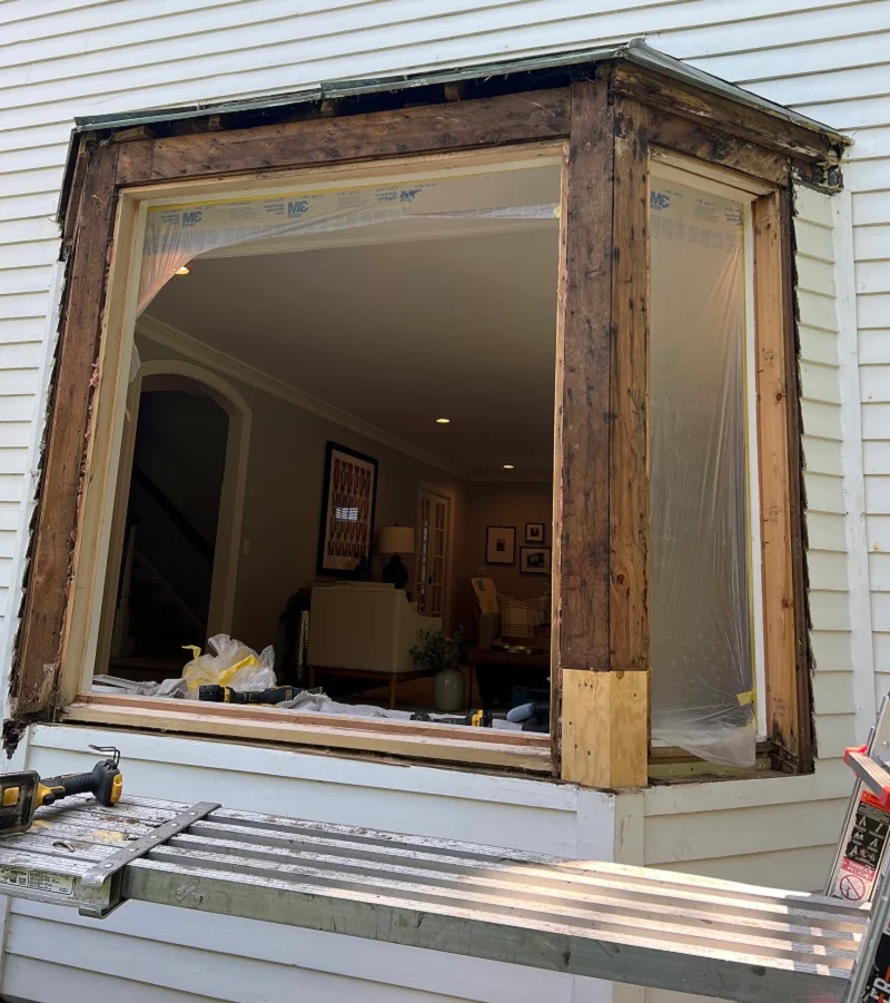 We replaced damaged plywood on this bay window in Ridgefield